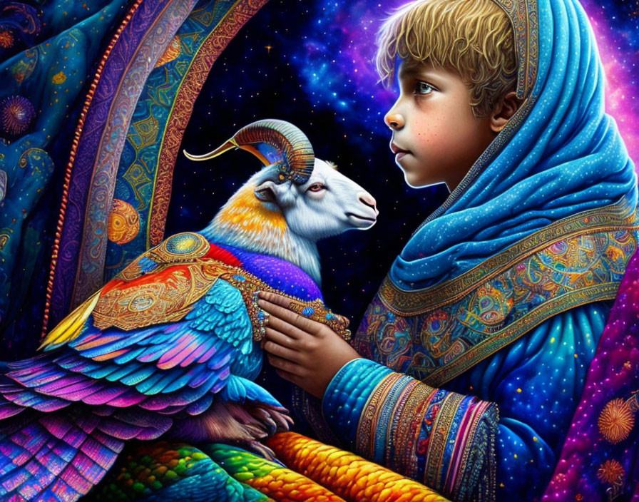 Child in Blue Patterned Shawl Observes Fantastical Creature in Cosmic Setting