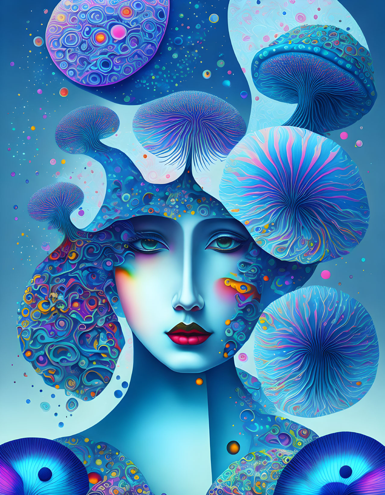 Colorful Mushroom Pattern Female Portrait on Blue Background