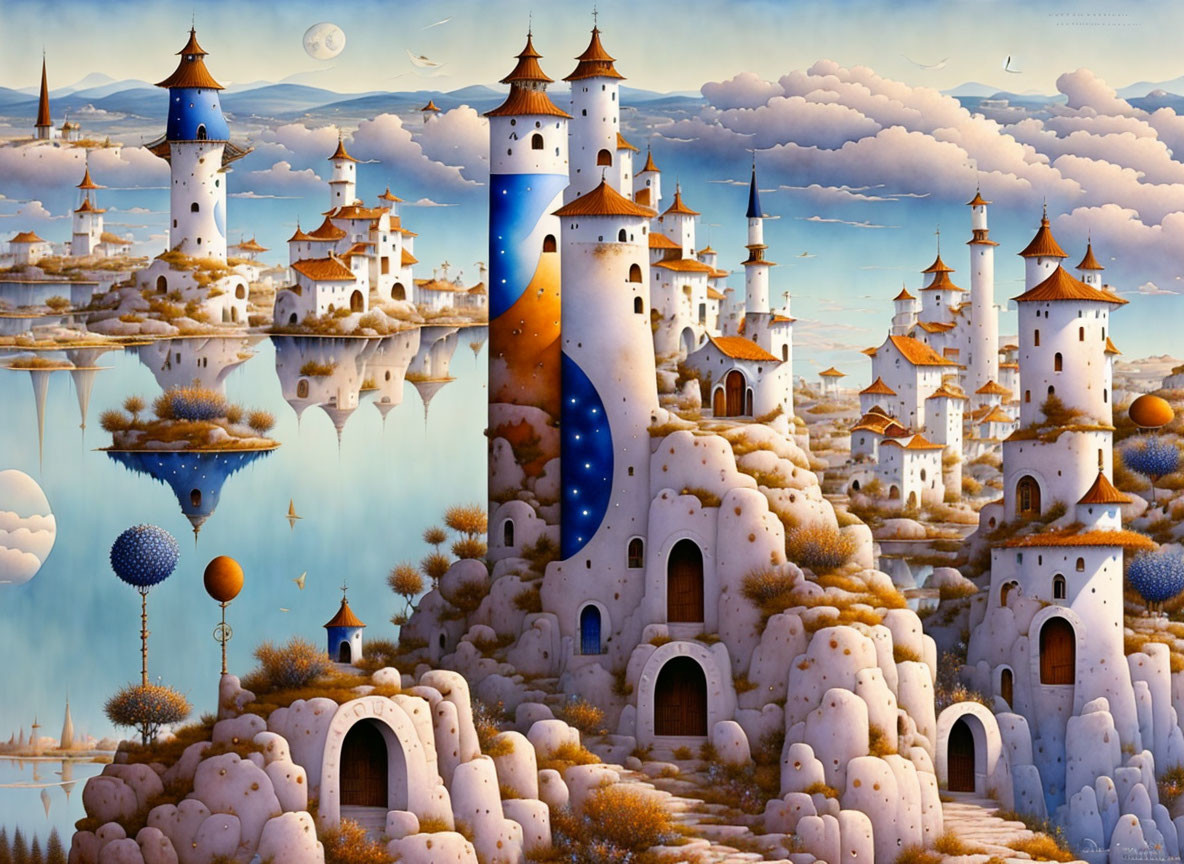 Surreal Landscape with Whimsical Towers and Waters