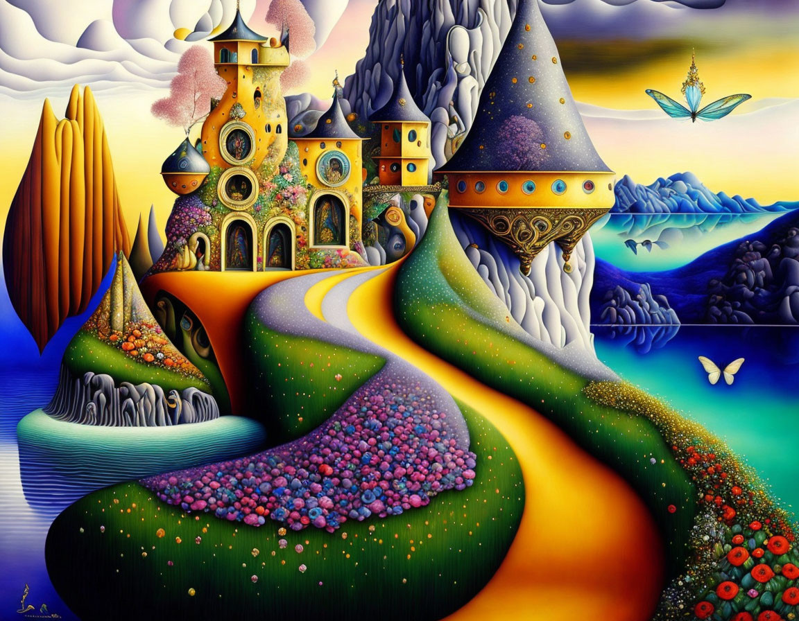 Whimsical castles, yellow road, colorful flora in surreal landscape
