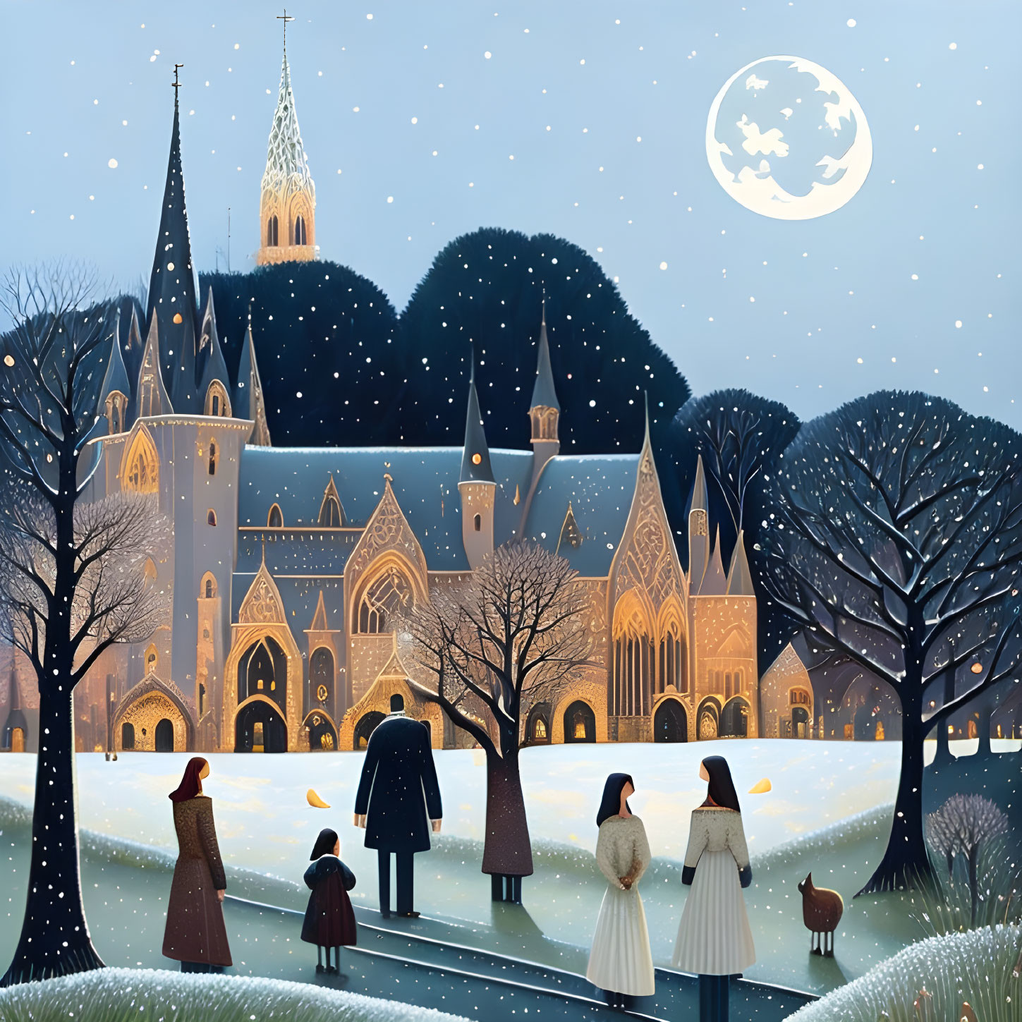 Vintage-dressed figures in moonlit snowy scene near Gothic cathedral