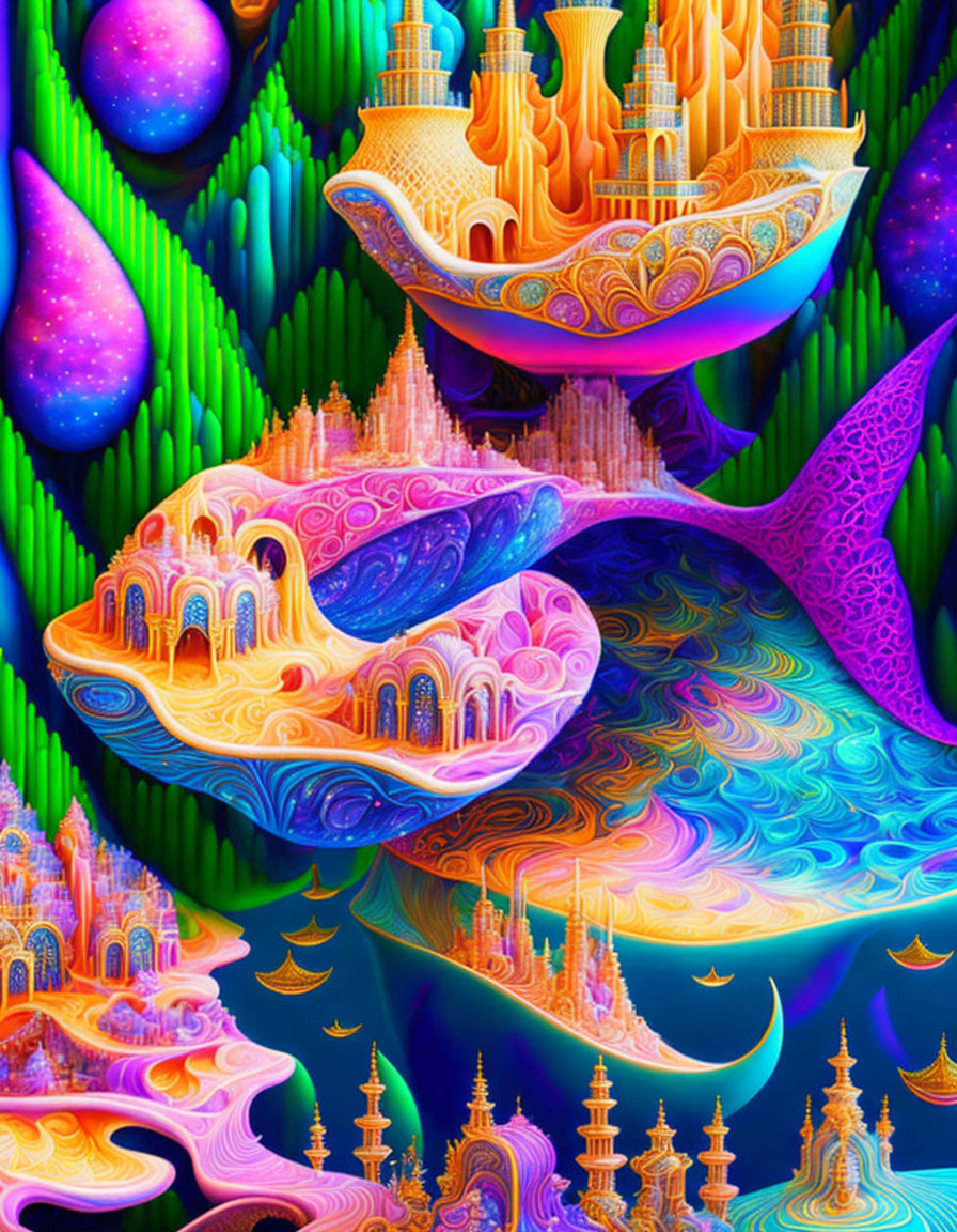 Colorful surreal landscape with intricate architecture on whale-like creatures