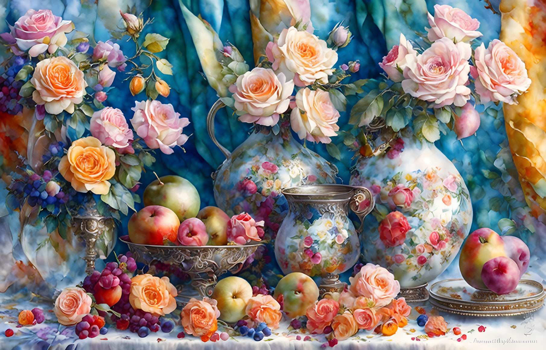 Colorful Still Life Painting with Flowers, Fruits, and Draped Background