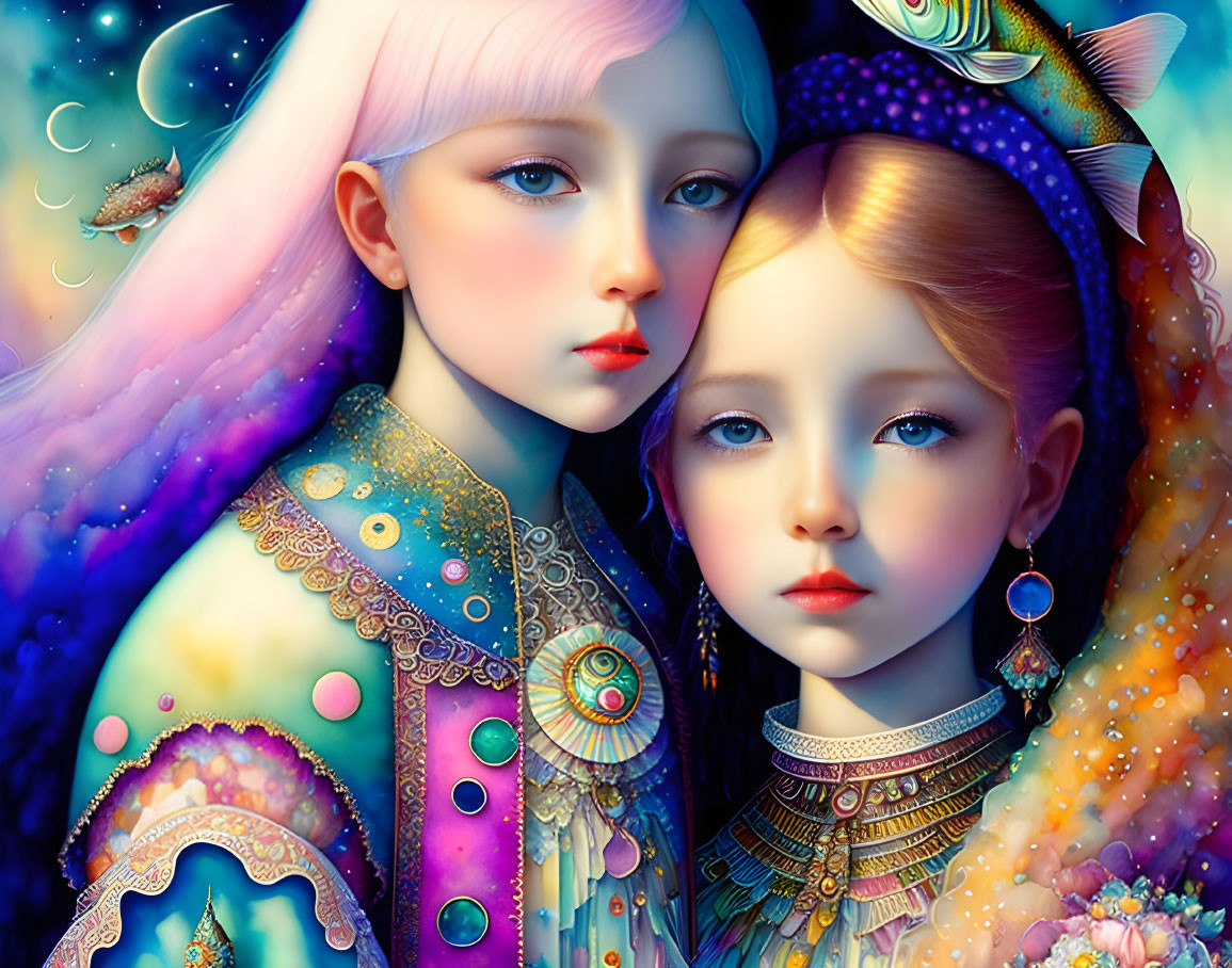 Illustrated girls in fantastical attire against cosmic backdrop