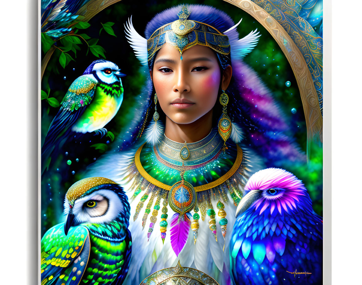 Colorful tribal woman surrounded by owls and cosmic patterns