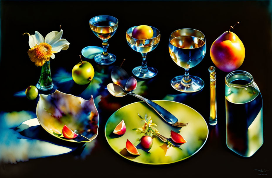 Vibrant fruits and glassware in dramatic still life painting