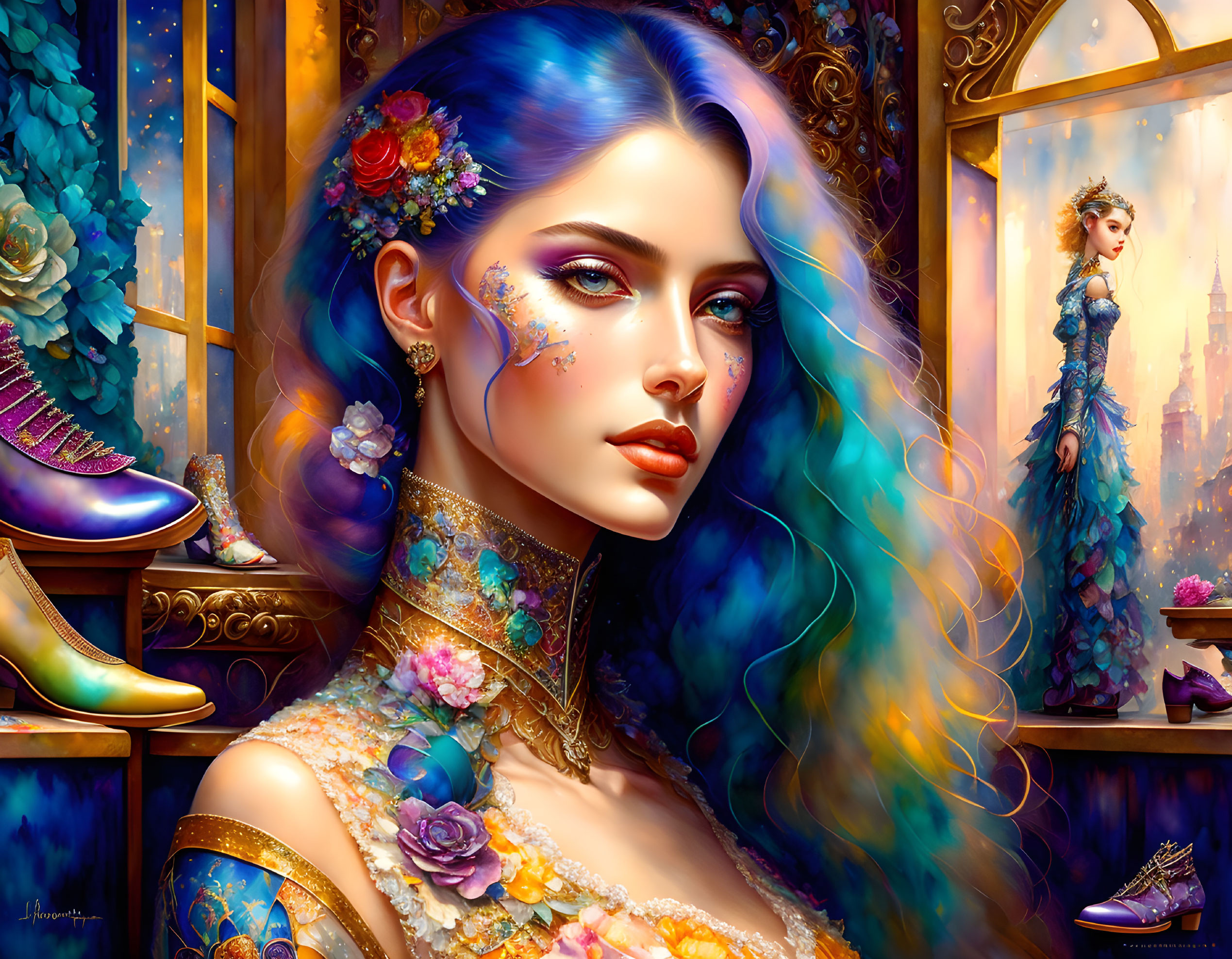 Colorful digital art featuring a woman with blue hair and floral decorations