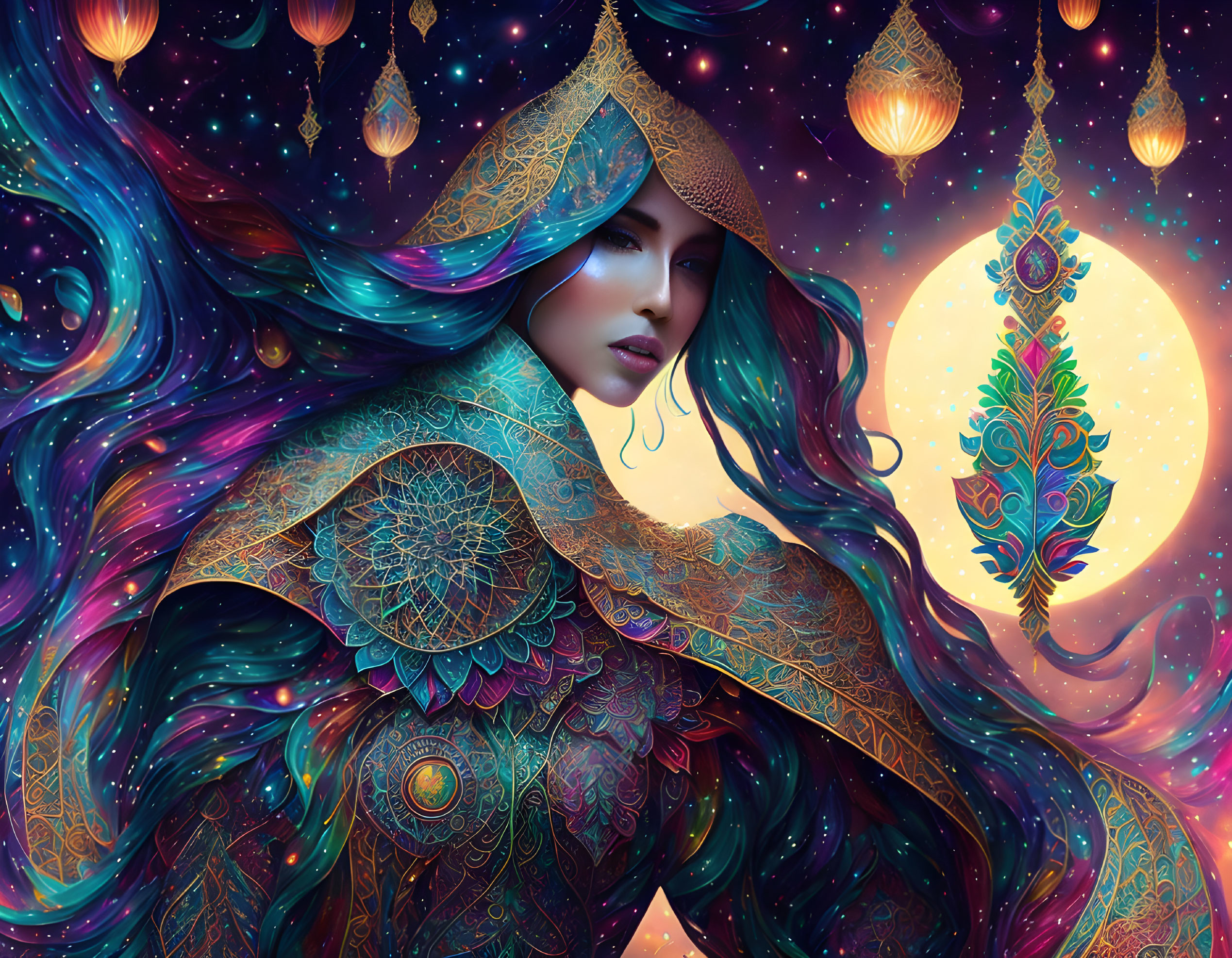 Ethereal woman with flowing starry hair under cosmic sky.