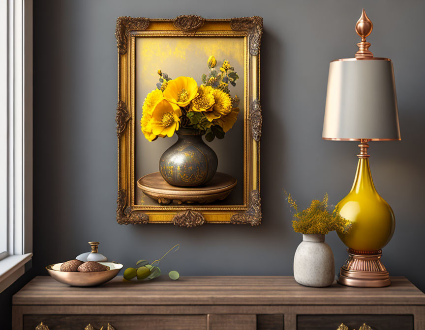 Vintage-inspired room with ornate gold-framed floral painting & yellow table lamp next to wooden dresser by