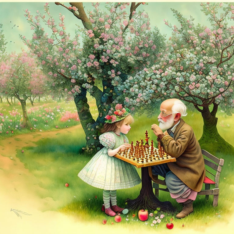 Elderly man and young girl playing chess in blooming garden