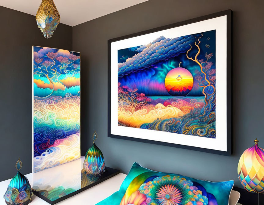 Colorful Psychedelic Room with Surreal Sunset Wall Art