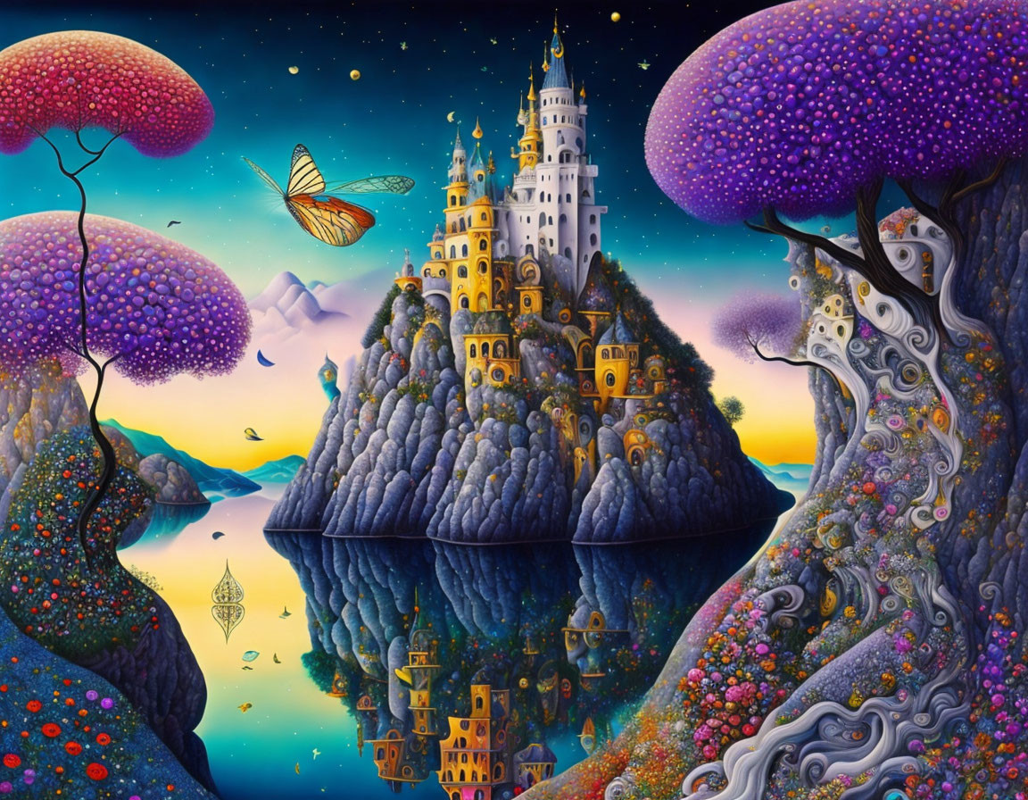 Fantasy landscape with castle, giant mushrooms, and whimsical creature