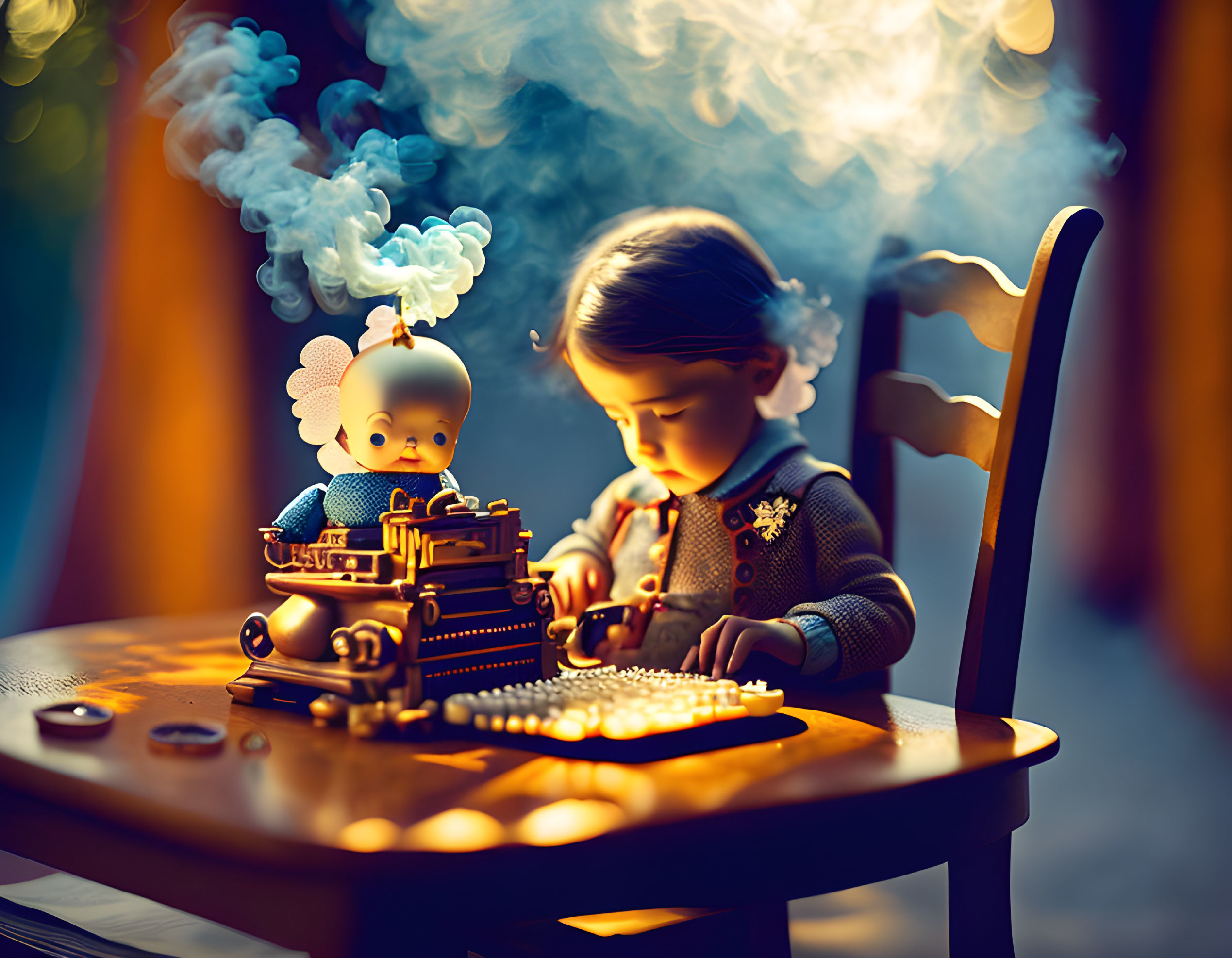 Child typing on vintage typewriter with toy in whimsical blue smoke