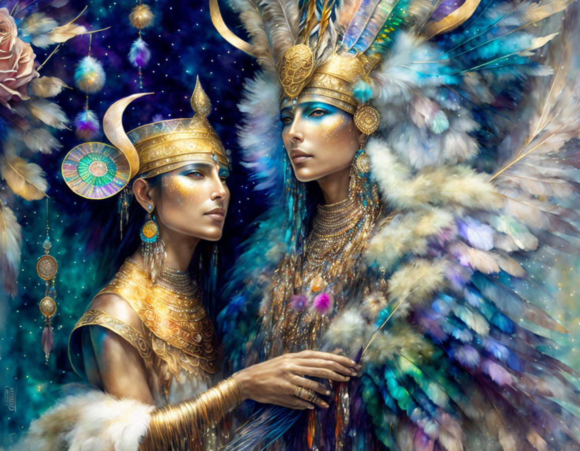 Ethereal beings in golden headpieces surrounded by cosmic elements