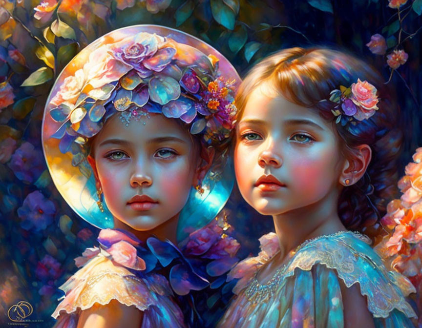 Two Girls in Floral Hats and Dresses, Vivid Colors in Dreamlike Portrait