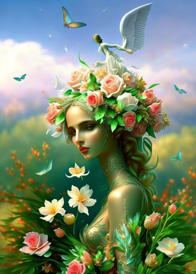 Illustration of woman with floral wreath, butterflies, and ethereal figure