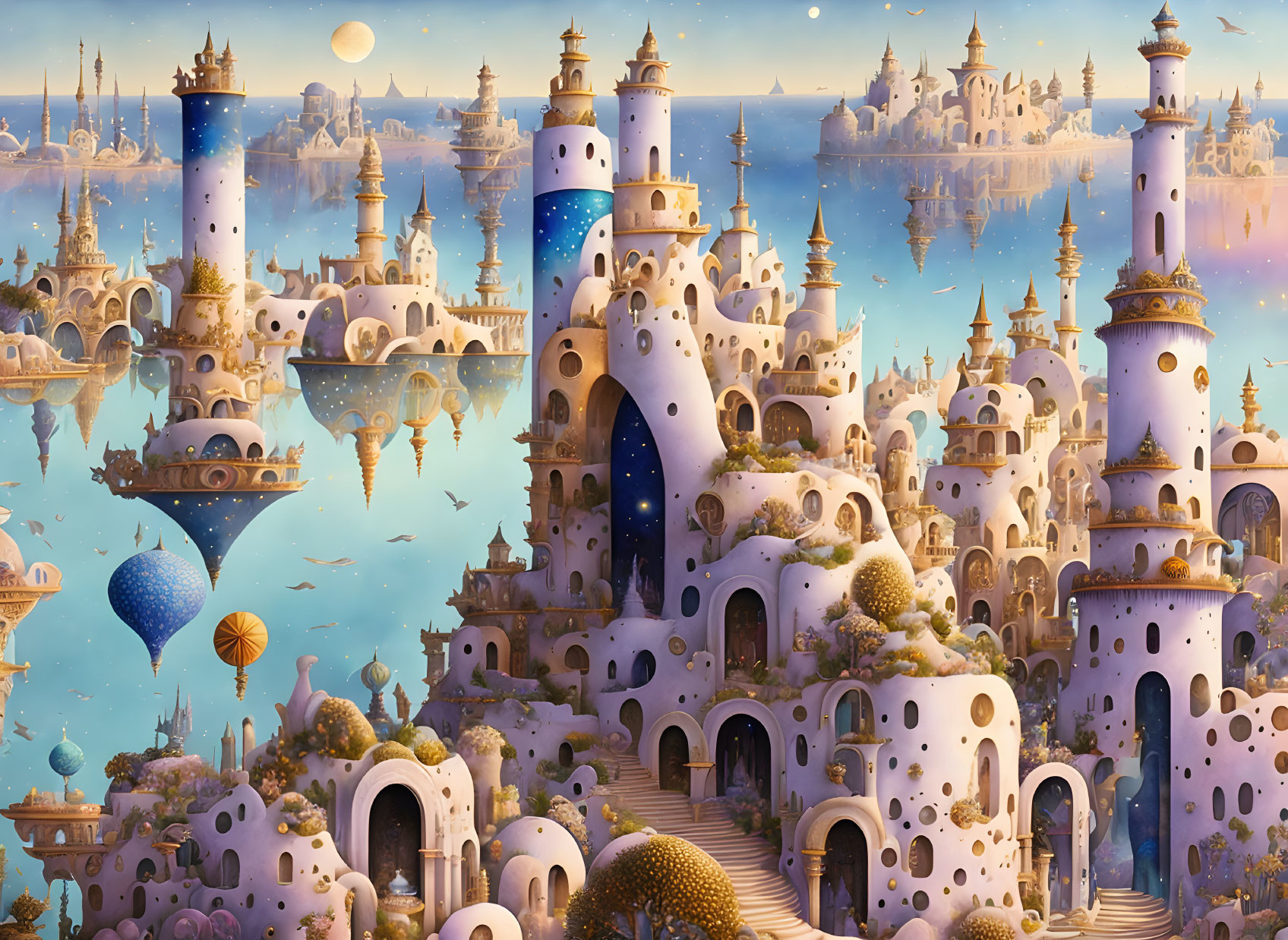 Fantastical landscape with floating islands and whimsical architecture