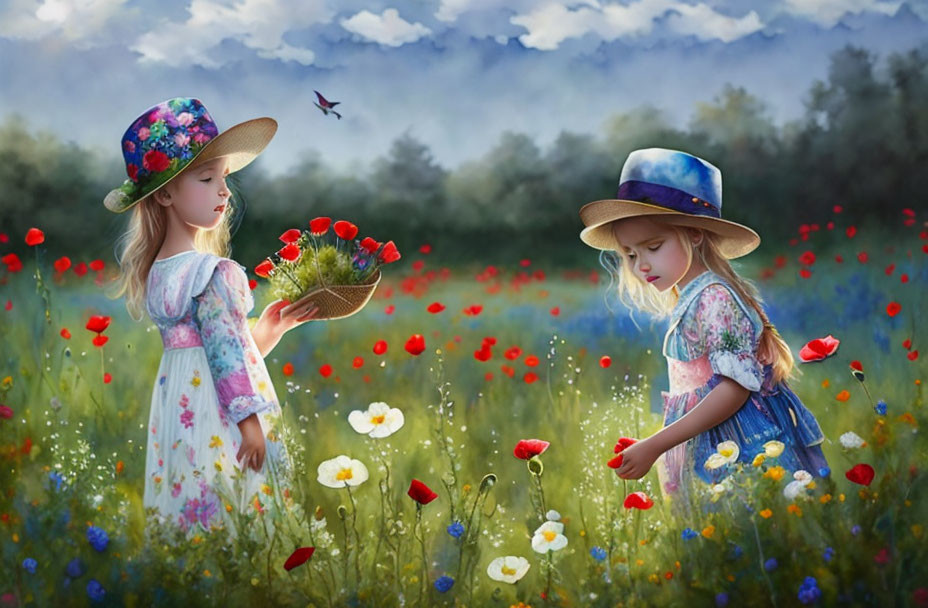 Two young girls in colorful dresses and hats in vibrant field of poppies and daisies.