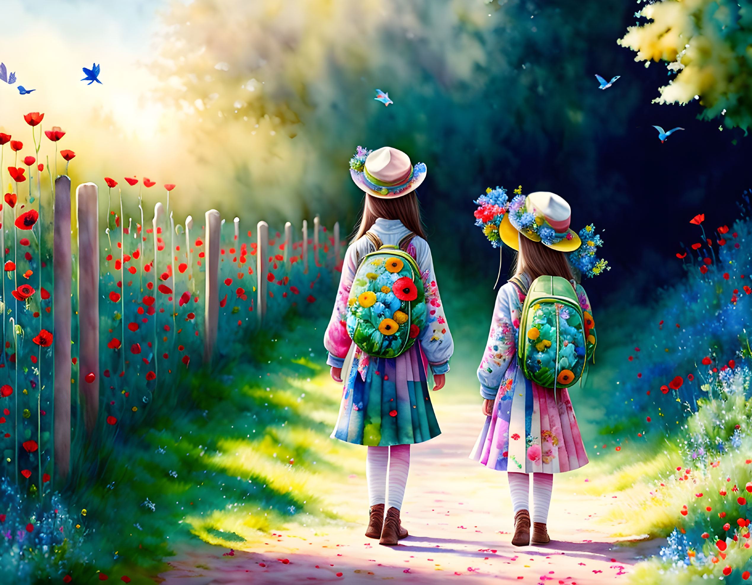 Two girls in floral dresses walking on flower-lined path with fence and butterflies.