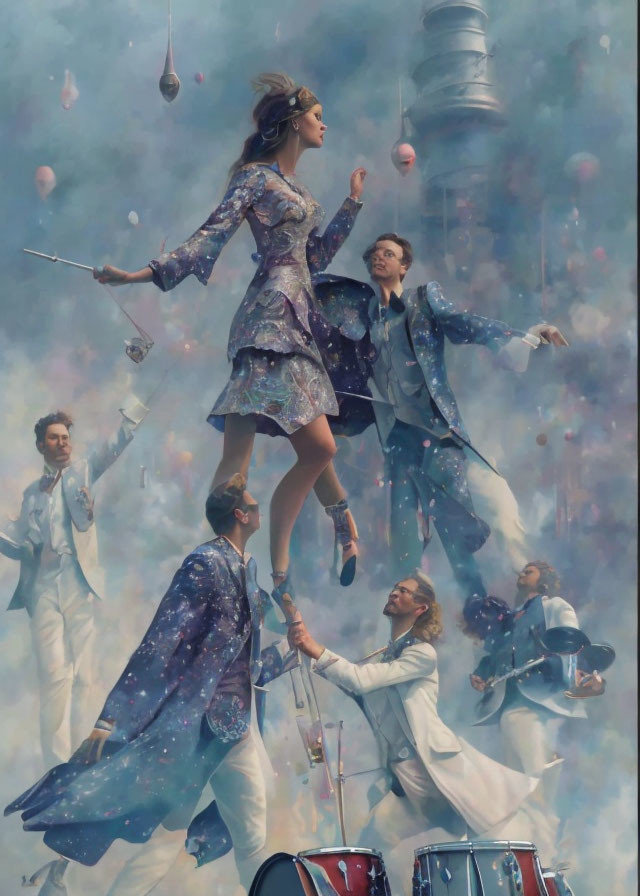 Elegant people in dreamlike setting with floating clouds and confetti