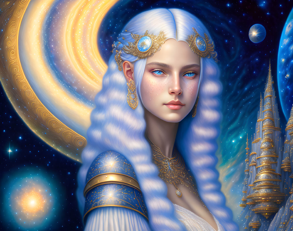 White-Haired Woman with Blue Eyes and Celestial Jewelry in Cosmic Setting