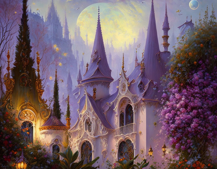 Fantasy castle with spires under moonlight in mystical landscape