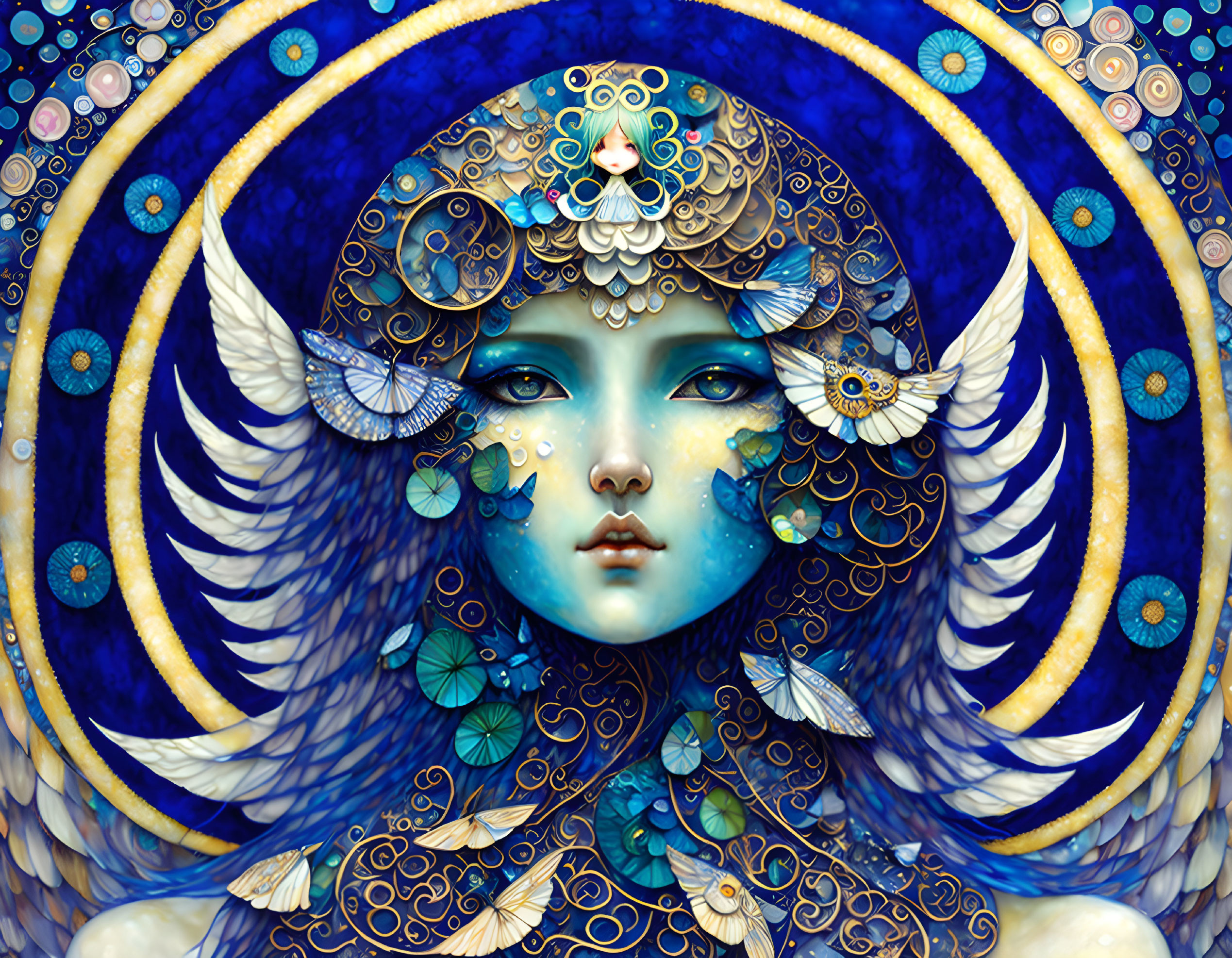 Female portrait with blue tones, butterfly wings, and celestial motifs