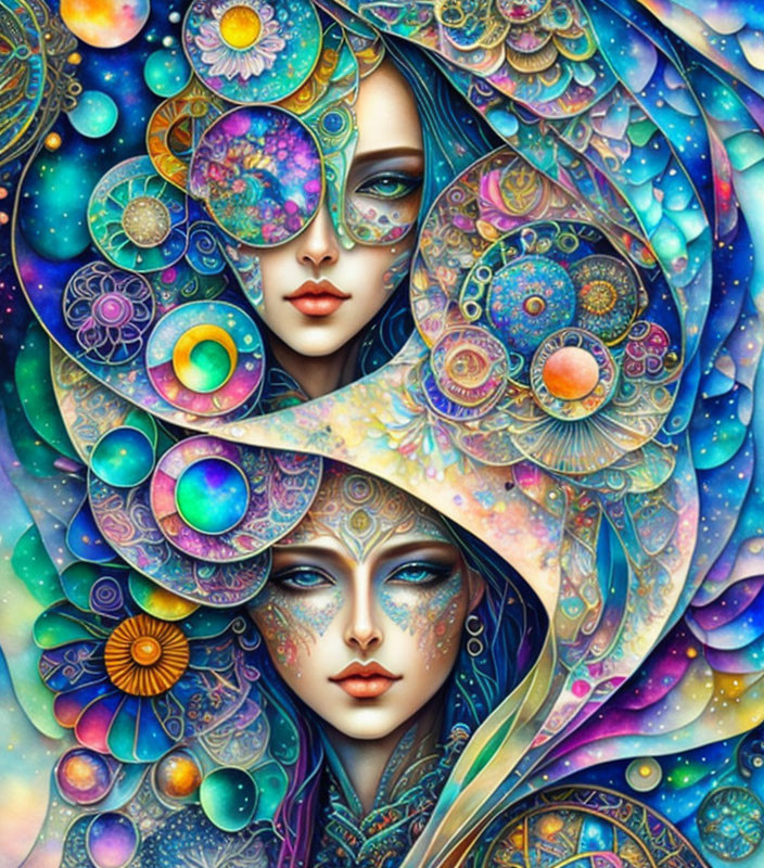 Colorful illustration of two women with cosmic and floral motifs