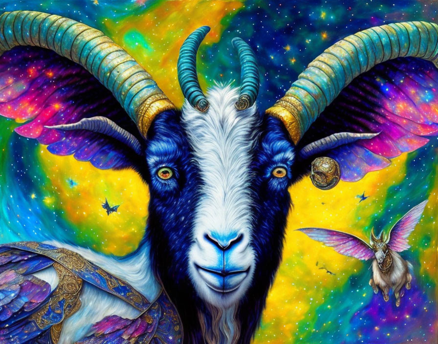 Colorful Cosmic Goat with Large Horns in Starry Space Scene