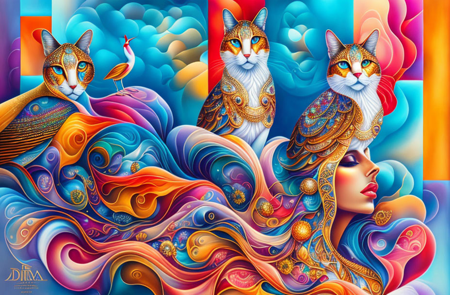 Colorful surreal artwork featuring ornate cats, woman, and bird amidst flowing shapes.