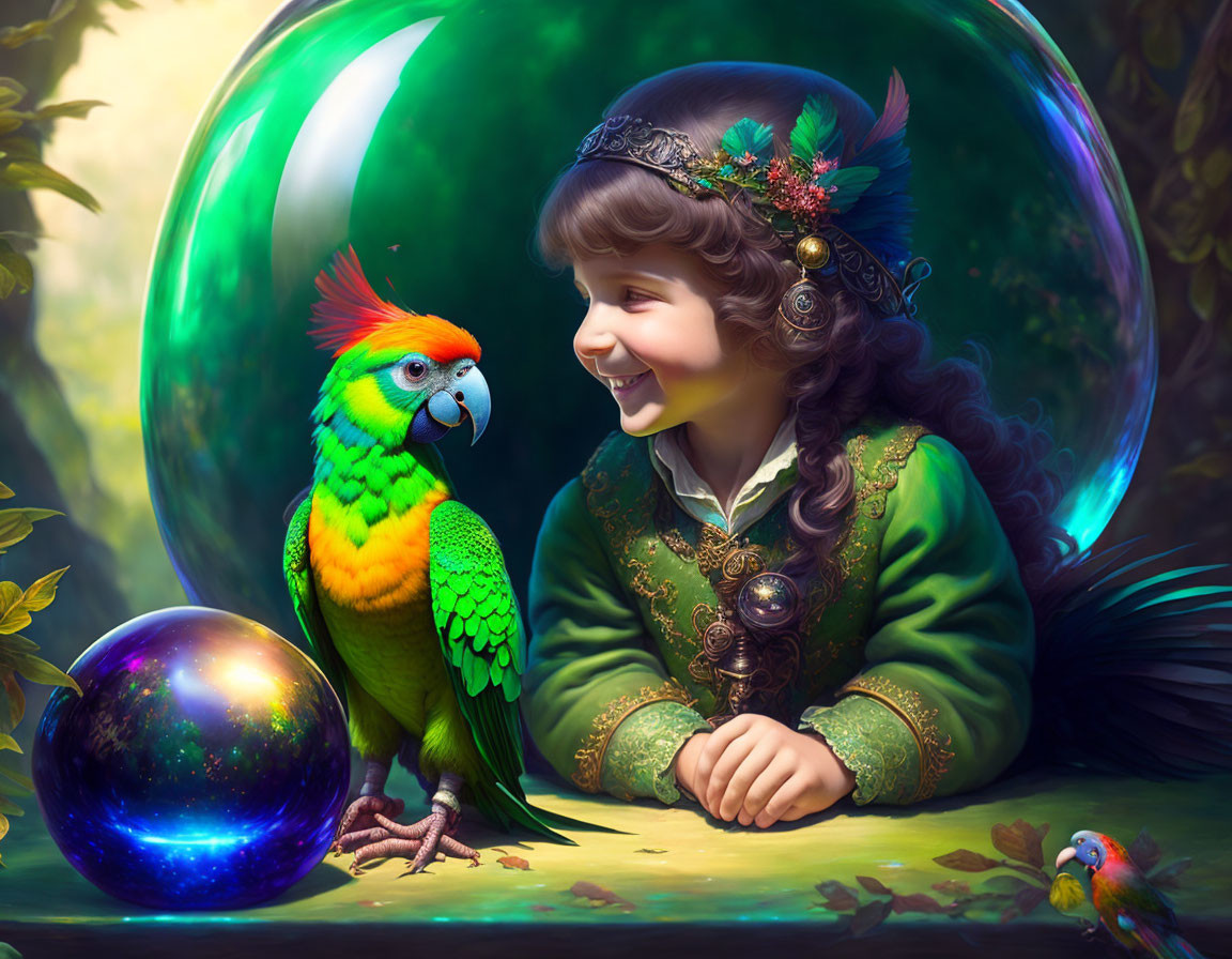 Smiling girl in green outfit with parrot in lush setting