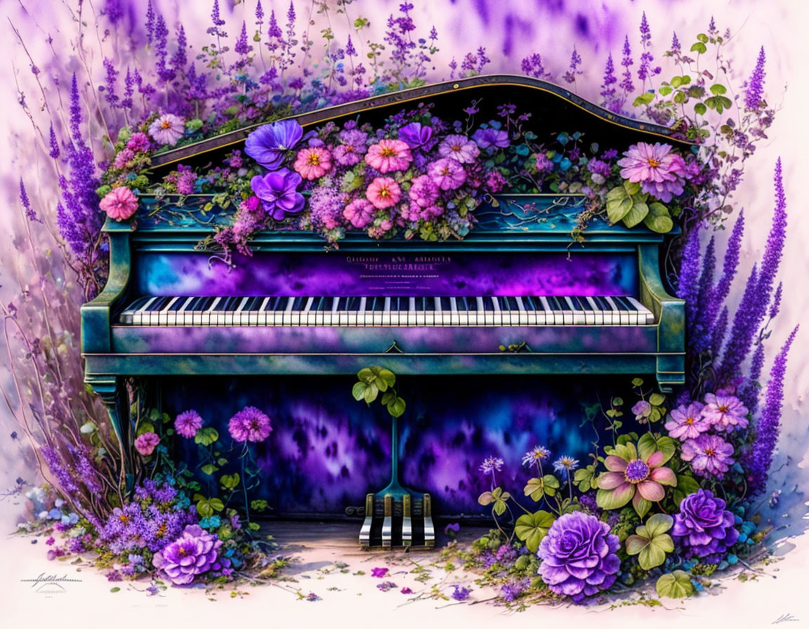 Colorful Grand Piano with Floral Decor in Music and Nature Setting