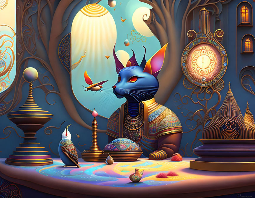 Stylized majestic blue cat with Egyptian adornments in ornate fantasy interior