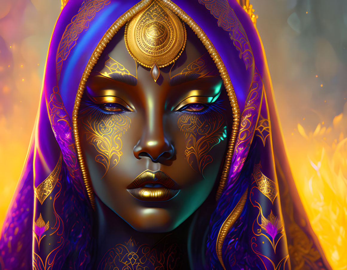 Digital artwork of a woman with golden facial markings and purple veil