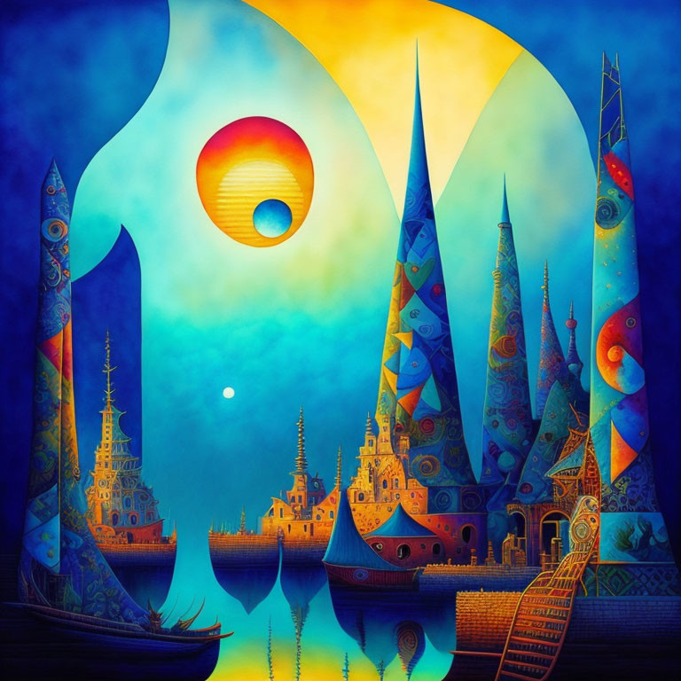 Vibrant surreal cityscape with pointed towers and celestial reflection in serene water.