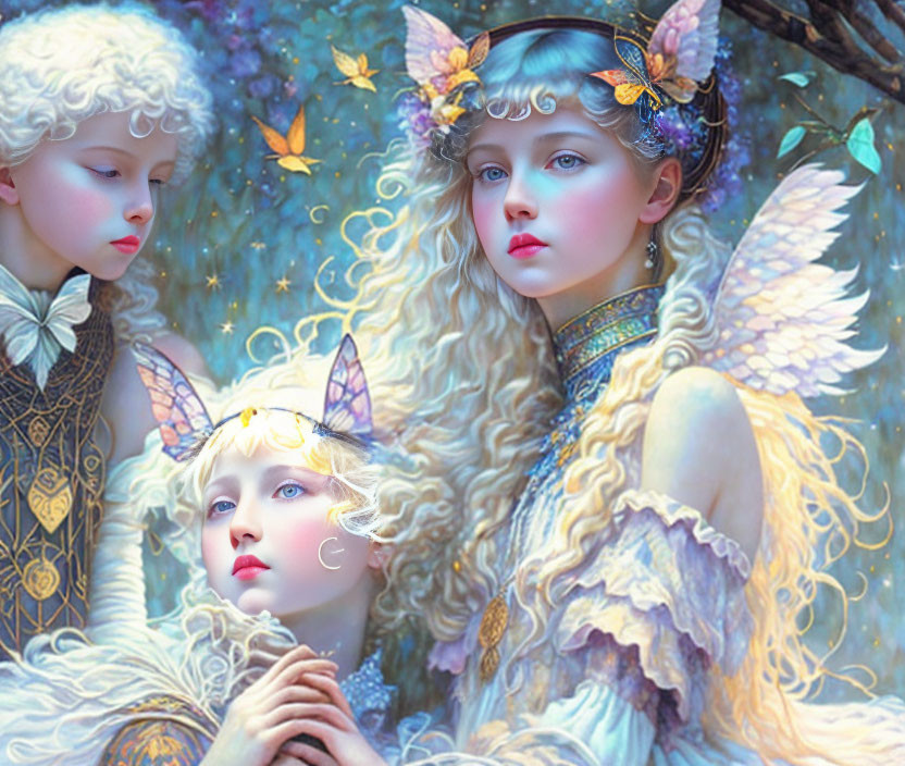 Ethereal angelic characters with butterflies in ornate blue setting