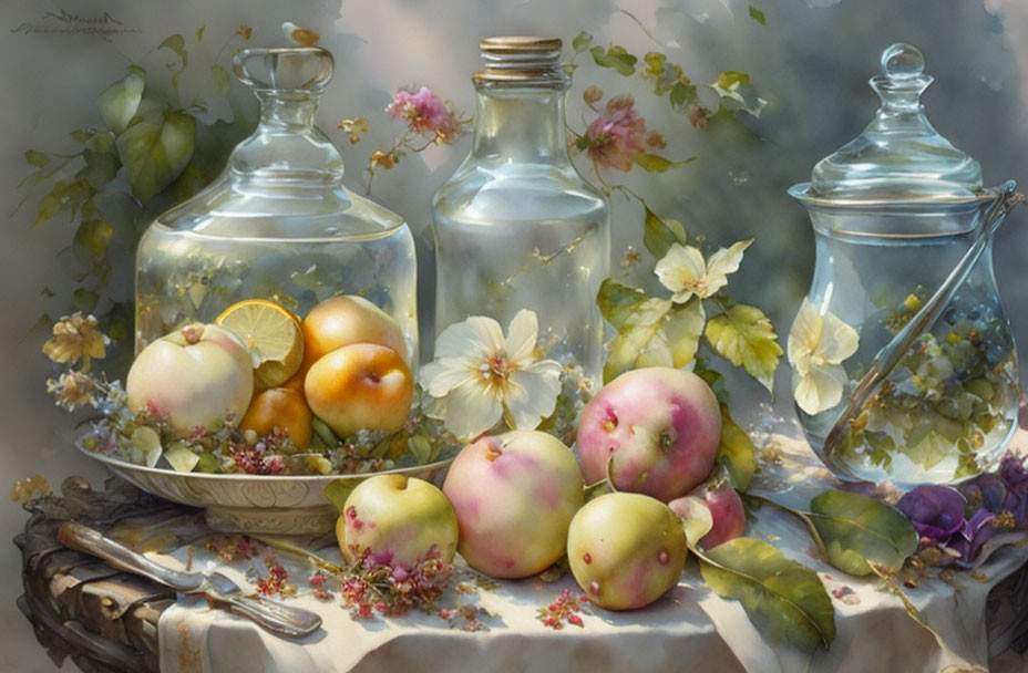 Table setting with fruit-filled glass jars, apples on silver platter, and scattered blossoms in soft