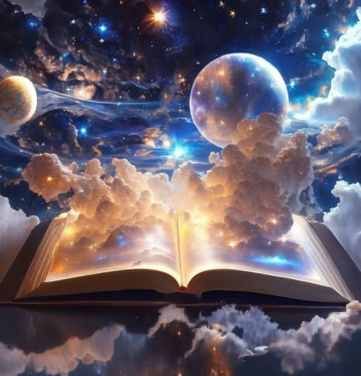 Open book displaying cloudscape and cosmic scene with stars and planets reflected below