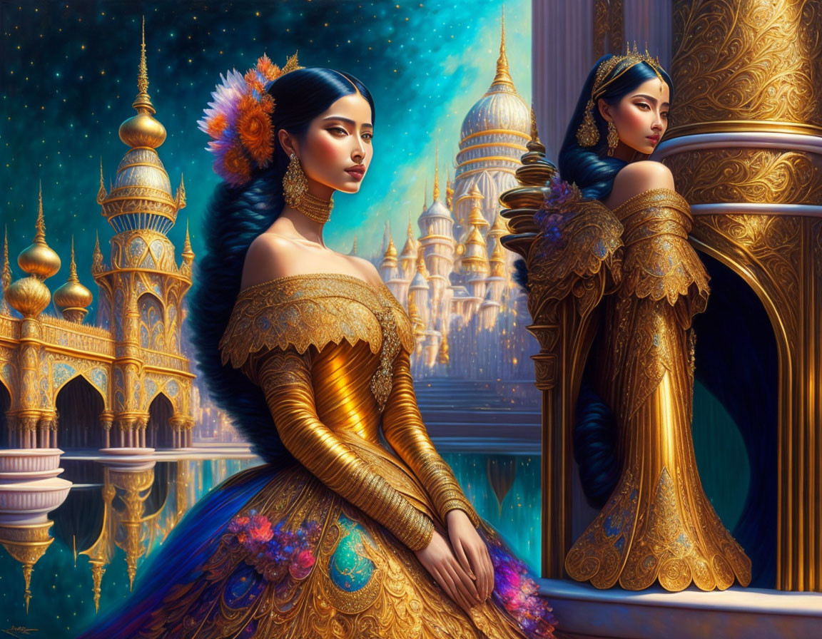 Two elegant women in golden dresses at palace balcony overlooking water.