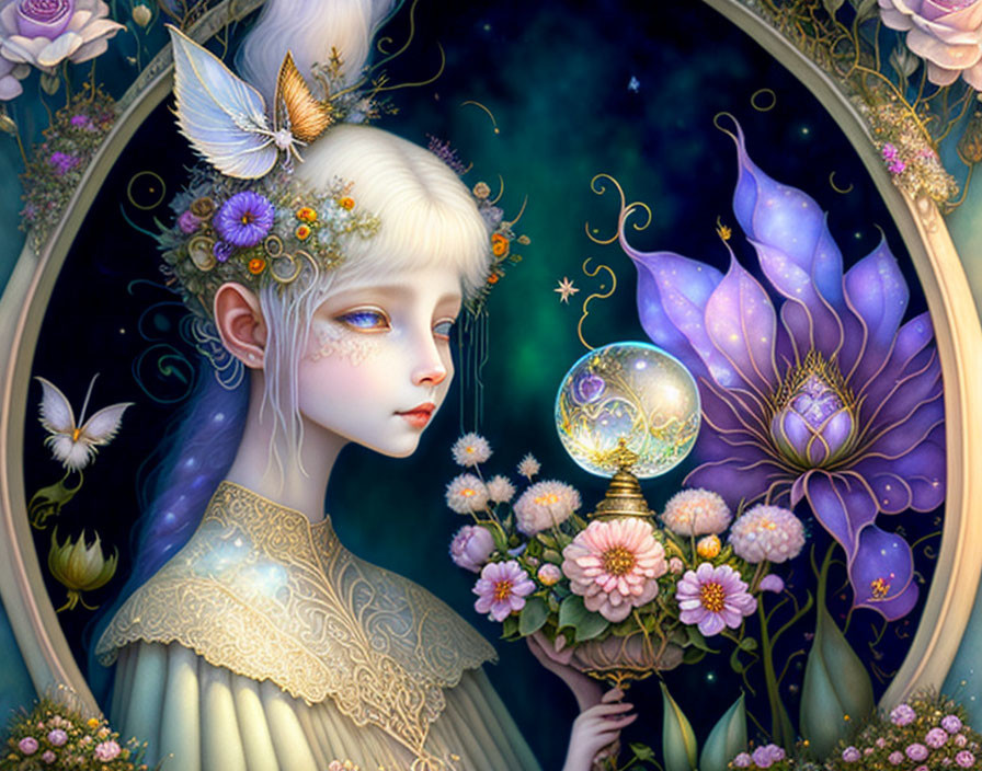 Ethereal character with pale skin and white hair surrounded by flowers and butterflies