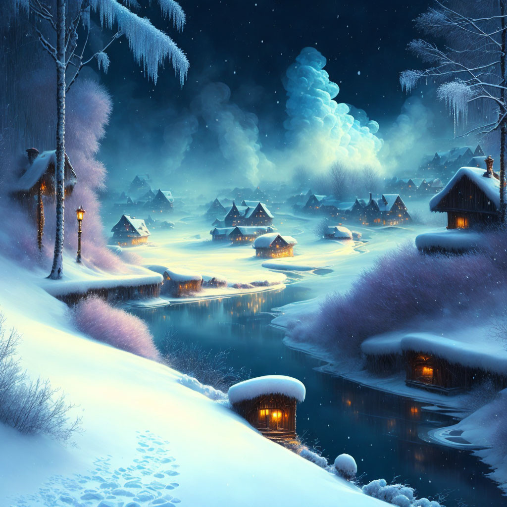 Snow-covered winter village at night with glowing windows, frozen river, and starry sky