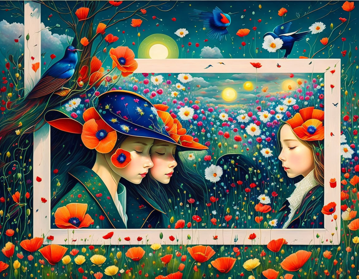 Vivid illustration of two girls with floral hats in dynamic celestial setting