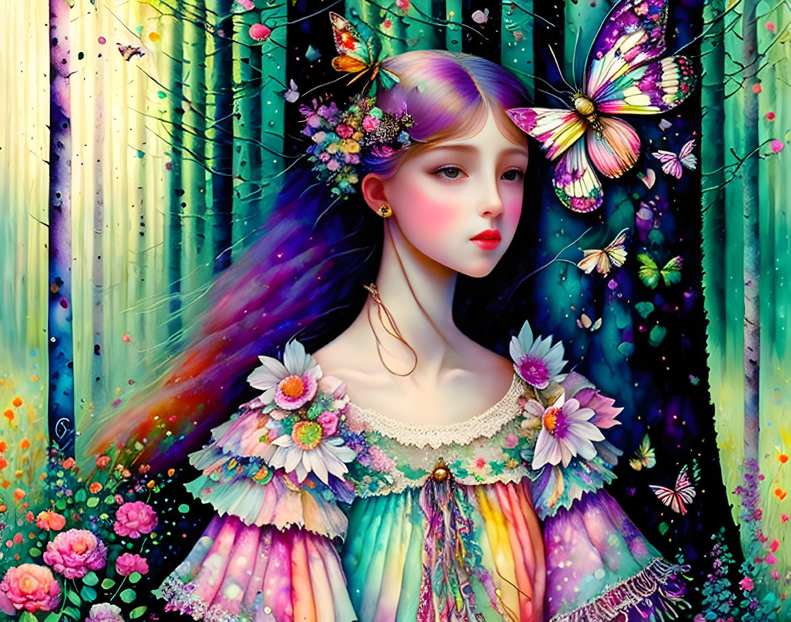 Colorful illustration: Whimsical woman with butterflies in enchanted forest