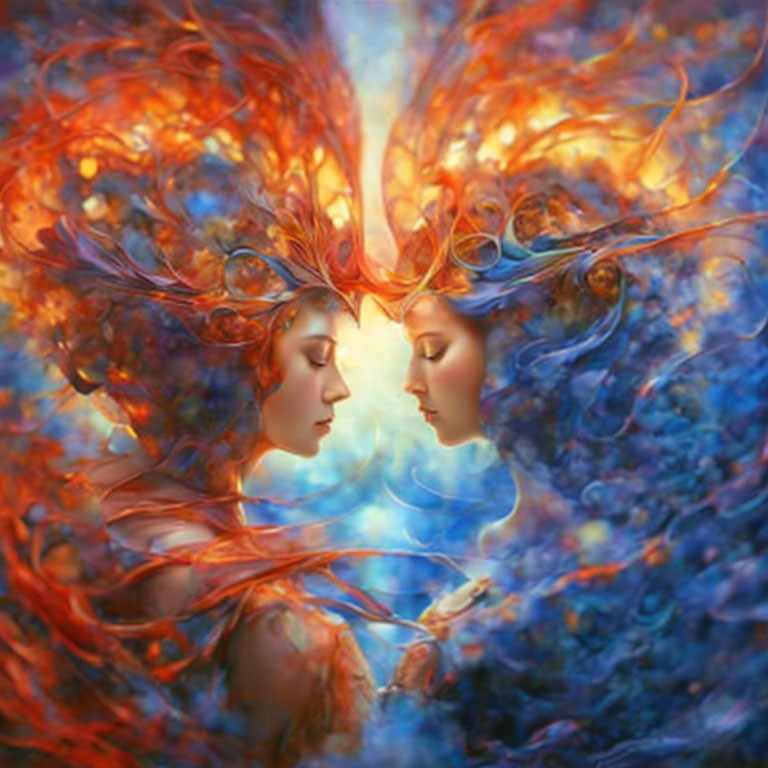 Ethereal beings with fiery hair merging in vibrant backdrop