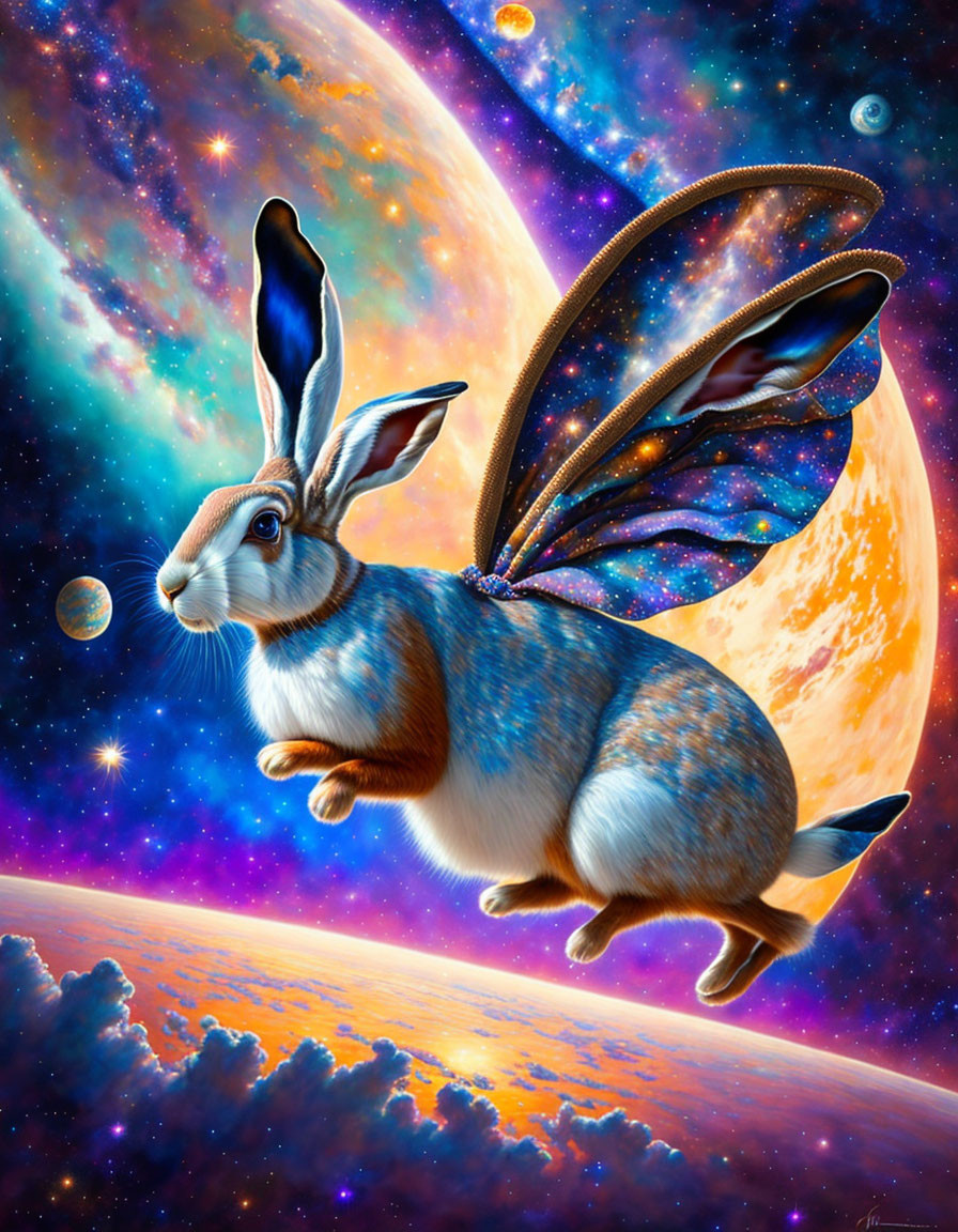 Fantastical rabbit with butterfly wings in cosmic setting