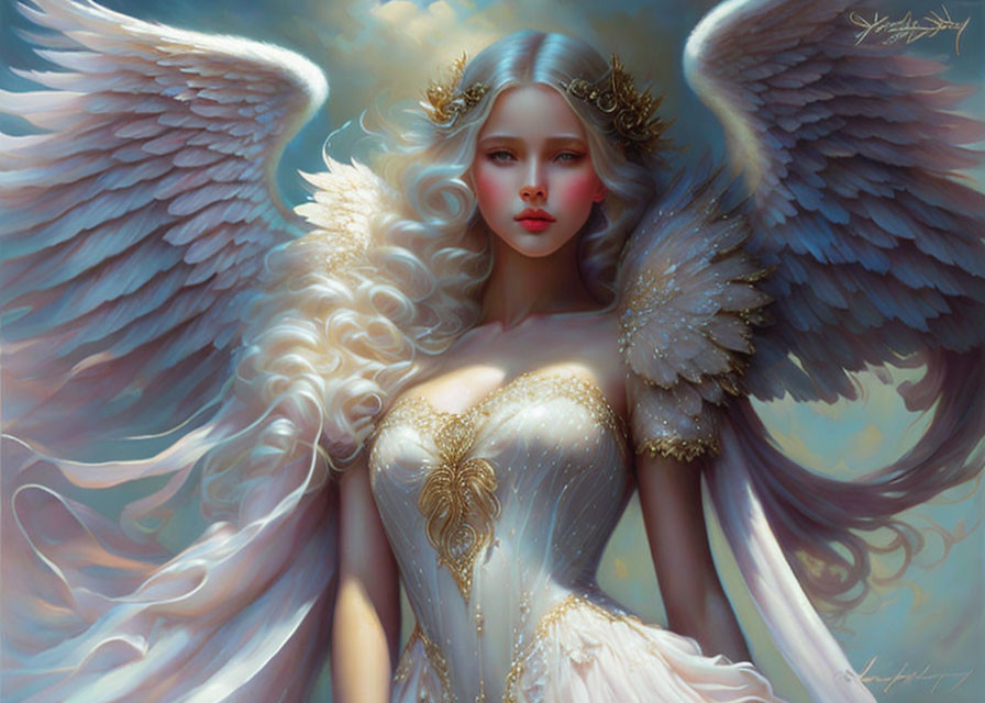 Majestic winged figure in golden attire on dreamy backdrop