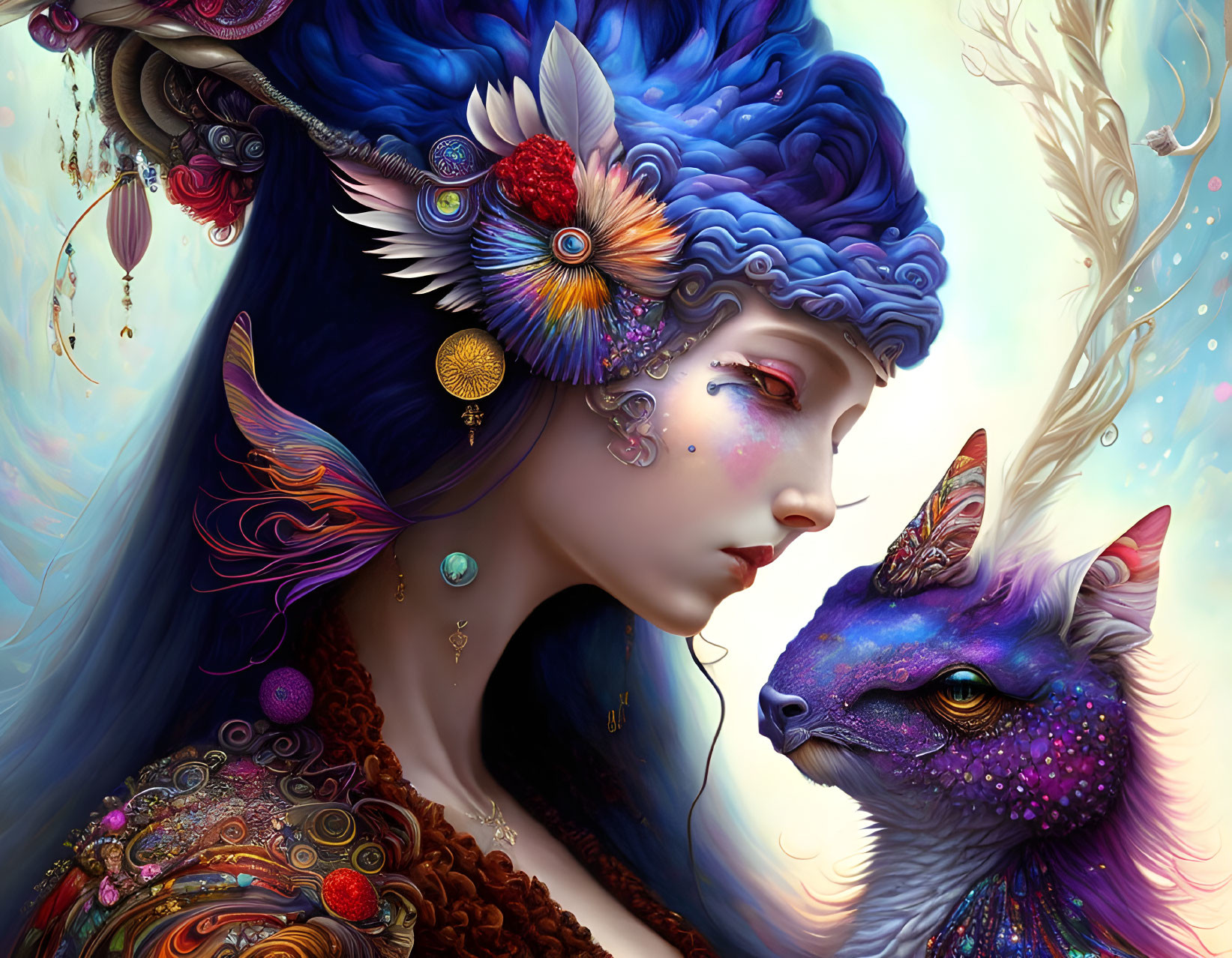 Colorful artwork featuring woman with blue flower headpiece and unicorn cat.