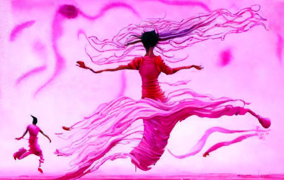 Colorful artwork of person leaping with flowing hair on pink backdrop