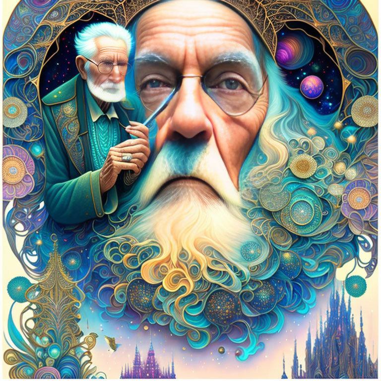 Elderly man with beard in surreal cosmic portrait