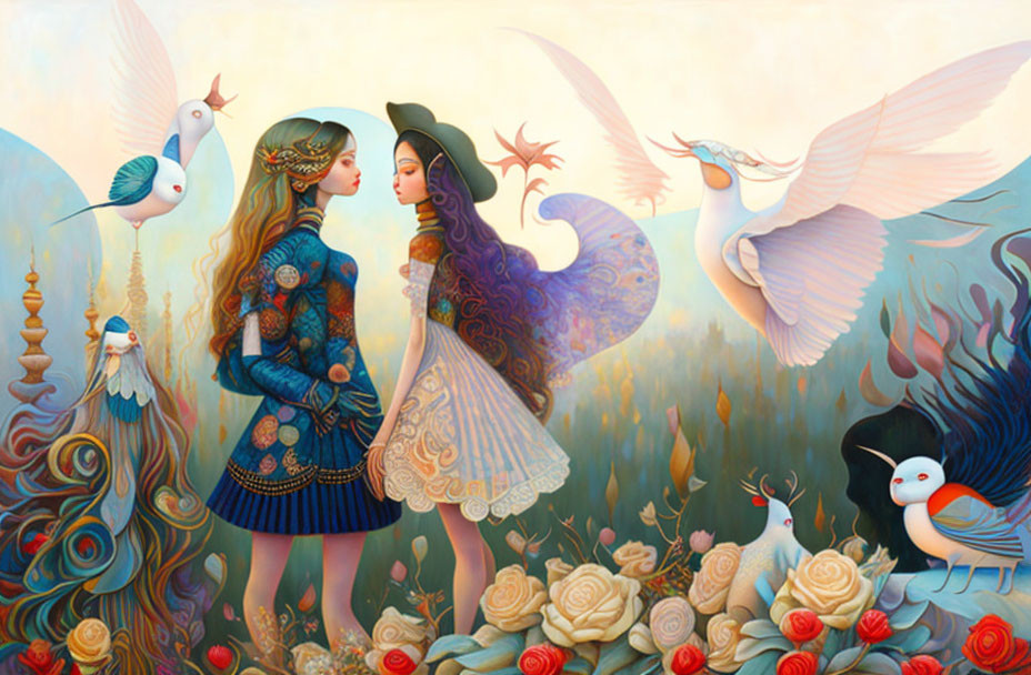 Whimsical female figures in elaborate dresses with white birds among blooming roses and ethereal towers